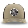 Khaki/Coffee WeWorkin hat—Richardson 112 brand snapback, retro trucker classic hat style.HARD WORK MATTERS woven patch with white merrowed edge, on a black background with HARD WORK MATTERS text encircling a Viking-style skull center graphic with MM XX on the left and right respectively—patch is centered on the front panels.