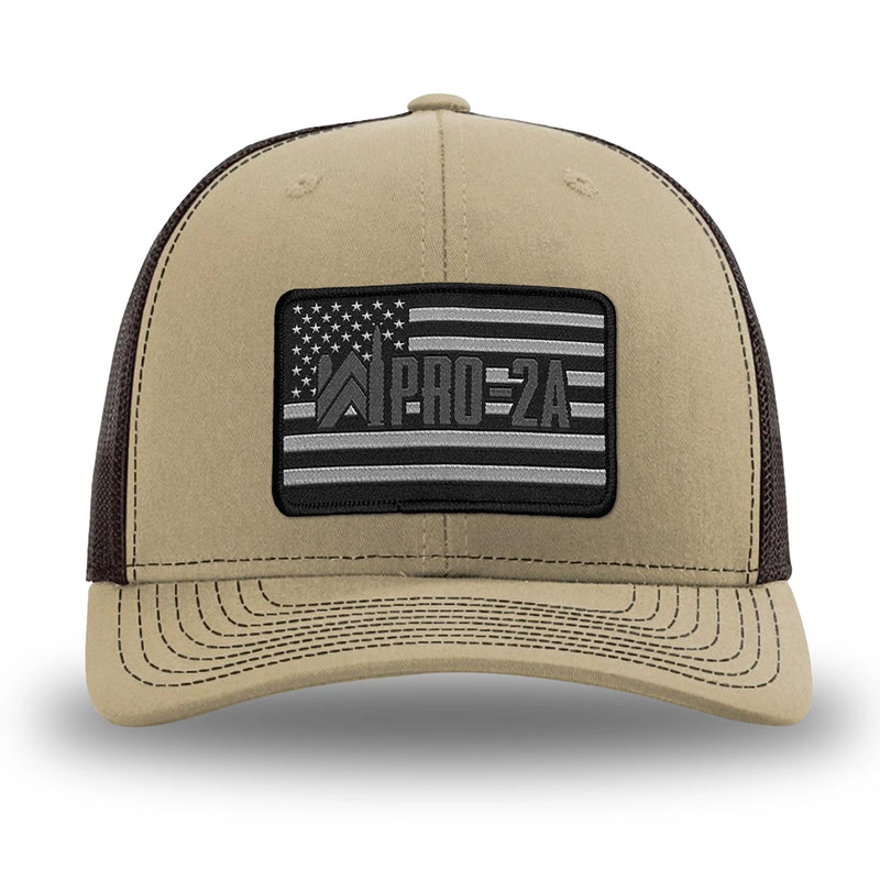 Khaki/Coffee WeWorkin hat—Richardson 112 brand snapback, retro trucker classic hat style. PRO-2A woven patch with black merrowed edge is centered on the front panels.