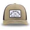 Khaki/Coffee WeWorkin hat—Richardson 112 brand snapback, retro trucker classic hat style. BLUE COLLAR DOLLAR ARCH (BCD-ARCH) woven patch with black merrowed edge, on a white background with black text, is centered on the front panels.