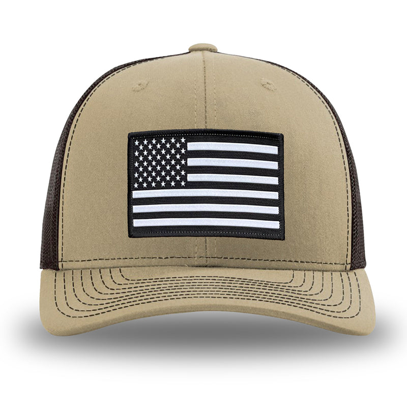 Khaki/Coffee WeWorkin hat—Richardson 112 brand snapback, retro trucker classic hat style. AMERICAN FLAG woven patch with black merrowed edge is centered on the front panels.