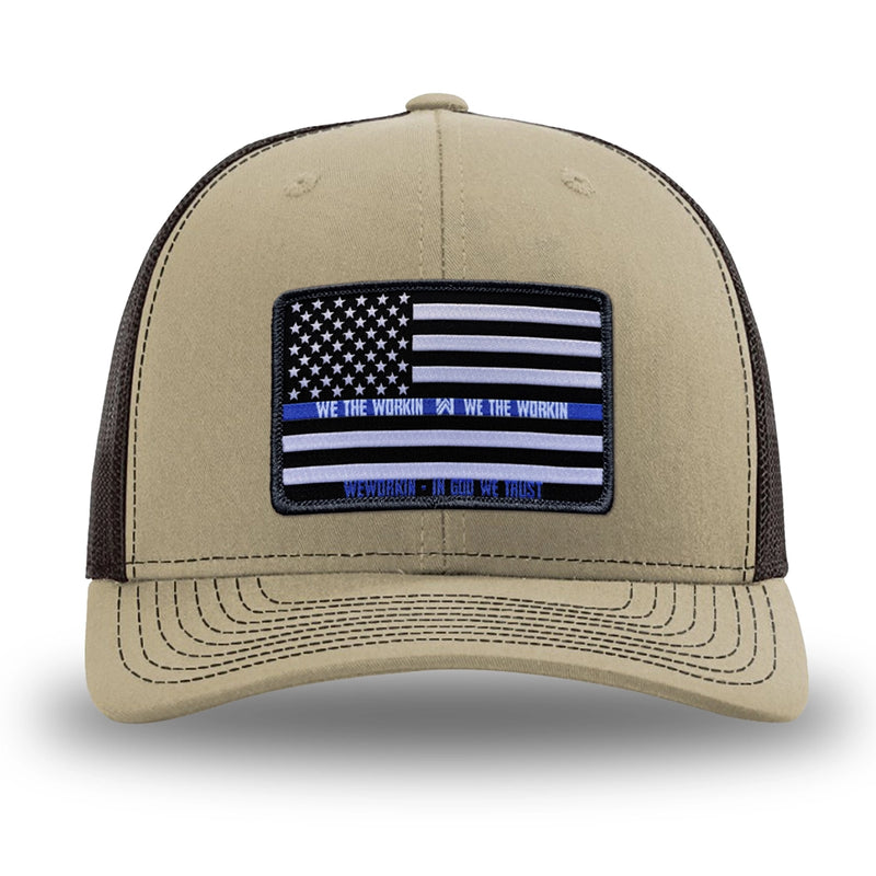 Khaki/Coffee WeWorkin hat—Richardson 112 brand snapback, retro trucker classic hat style. LEO FLAG woven patch with black merrowed edge is centered on the front panels.