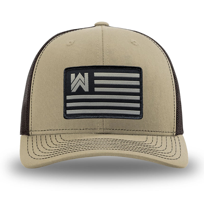 Khaki/Coffee WeWorkin hat—Richardson 112 brand snapback, retro trucker classic hat style. WE WORKIN FLAG woven patch with black merrowed edge is centered on the front panels.