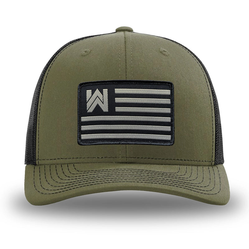 Loden/Black WeWorkin hat—Richardson 112 brand snapback, retro trucker classic hat style. WE WORKIN FLAG woven patch with black merrowed edge is centered on the front panels.