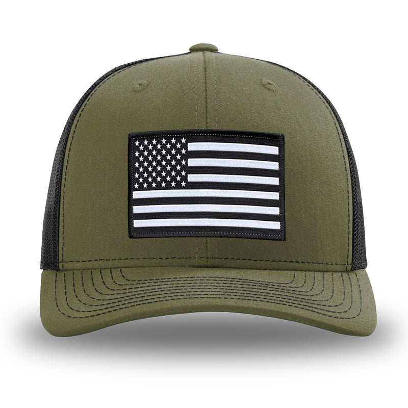 Loden/Black WeWorkin hat—Richardson 112 brand snapback, retro trucker classic hat style. AMERICAN FLAG woven patch with black merrowed edge is centered on the front panels.