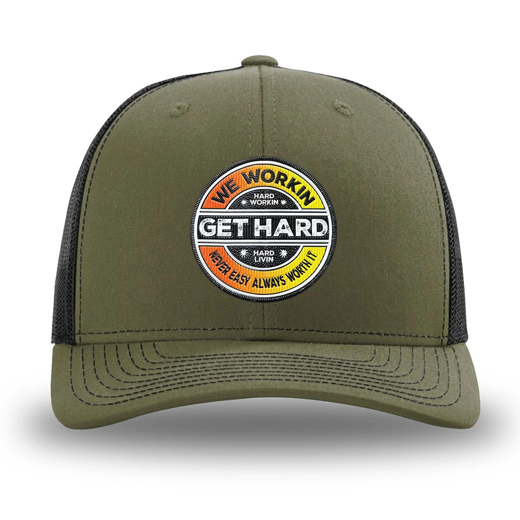 Loden/Black WeWorkin hat—Richardson 112 brand snapback, retro trucker classic hat style. WE WORKIN custom GET HARD patch made of thermoplastic, lightweight, durable material is centered on the front panels in orange to yellow fade and black colors.