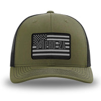 Loden/Black WeWorkin hat—Richardson 112 brand snapback, retro trucker classic hat style. PRO-2A woven patch with black merrowed edge is centered on the front panels.