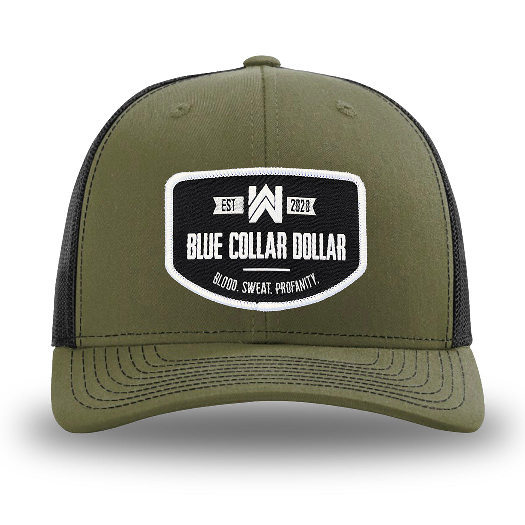 Loden/Black WeWorkin hat—Richardson 112 brand snapback, retro trucker classic hat style. WeWorkin "Blue Collar Dollar" curve-bottom patch is centered large on the front panels.