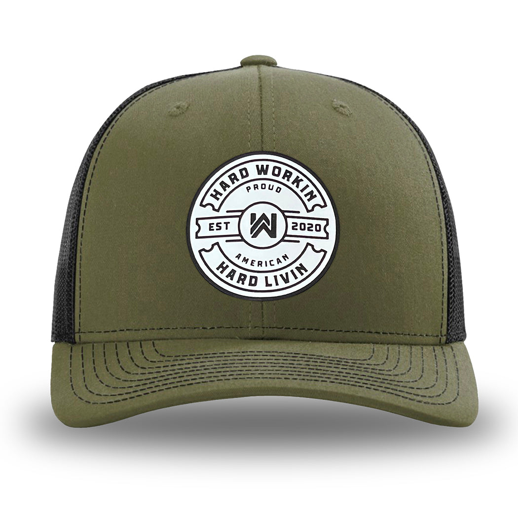 Loden/Black WeWorkin hat—Richardson 112 brand snapback, retro trucker classic hat style. "HARD WORKIN. HARD LIVIN." Proud American silicone circle patch is centered on the front panels.
