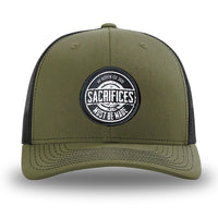Loden/Black WeWorkin hat—Richardson 112 brand snapback, retro trucker classic hat style. WeWorkin "SACRIFICES Must Be Made" circular woven patch, with black/white thread colors and black merrowed edge, is centered on the front panels.
