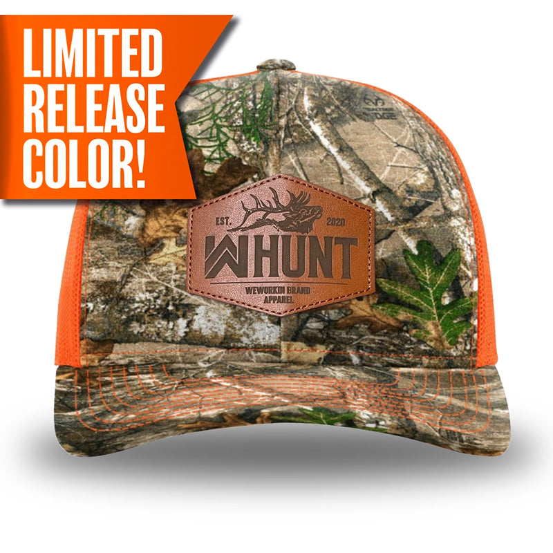 LIMITED QUANTITY Release. Neon Orange and RealTree Camo two-tone WeWorkin hat—Richardson 112 brand snapback, retro trucker classic hat style. WeWorkin "WW HUNT" etched leather patch with stitched border is centered on the front panels.