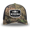Mossy Oak/Country DNA/Black WeWorkin hat—Richardson 112 brand snapback, retro trucker classic hat style. WeWorkin "Blue Collar Dollar" curve-bottom patch is centered large on the front panels.