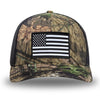 Mossy Oak/Country DNA/Black WeWorkin hat—Richardson 112 brand snapback, retro trucker classic hat style. AMERICAN FLAG woven patch with black merrowed edge is centered on the front panels.
