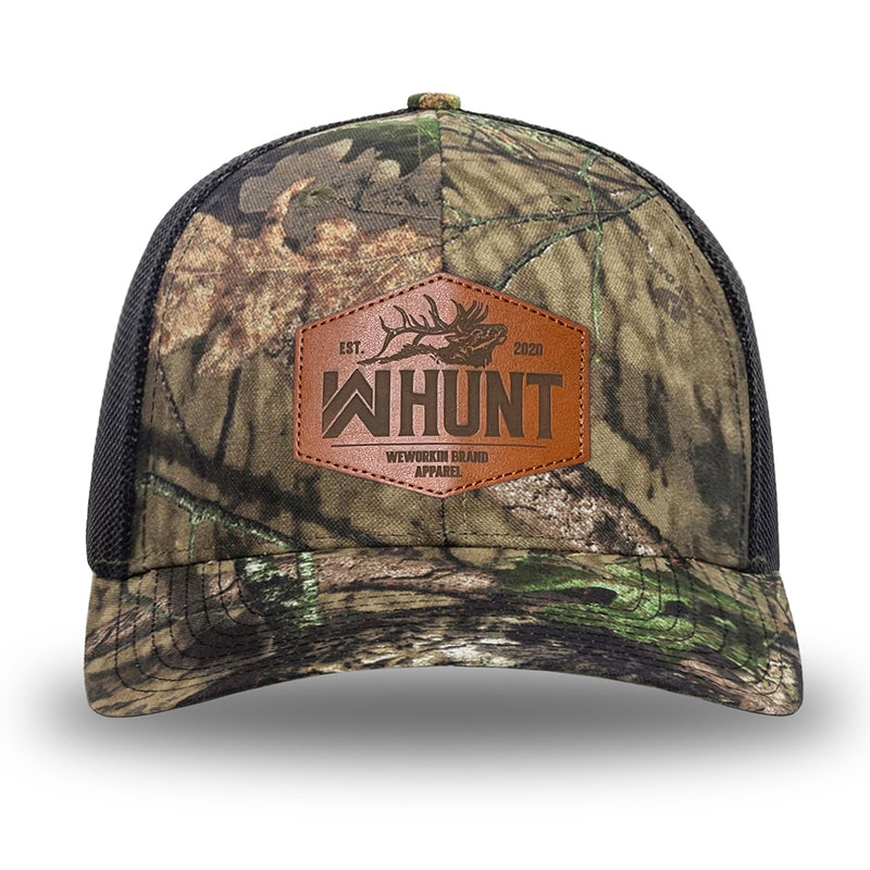 Mossy Oak/Country DNA/Black WeWorkin hat—Richardson 112 brand snapback, retro trucker classic hat style. WeWorkin "WW HUNT" etched leather patch with stitched border is centered on the front panels.