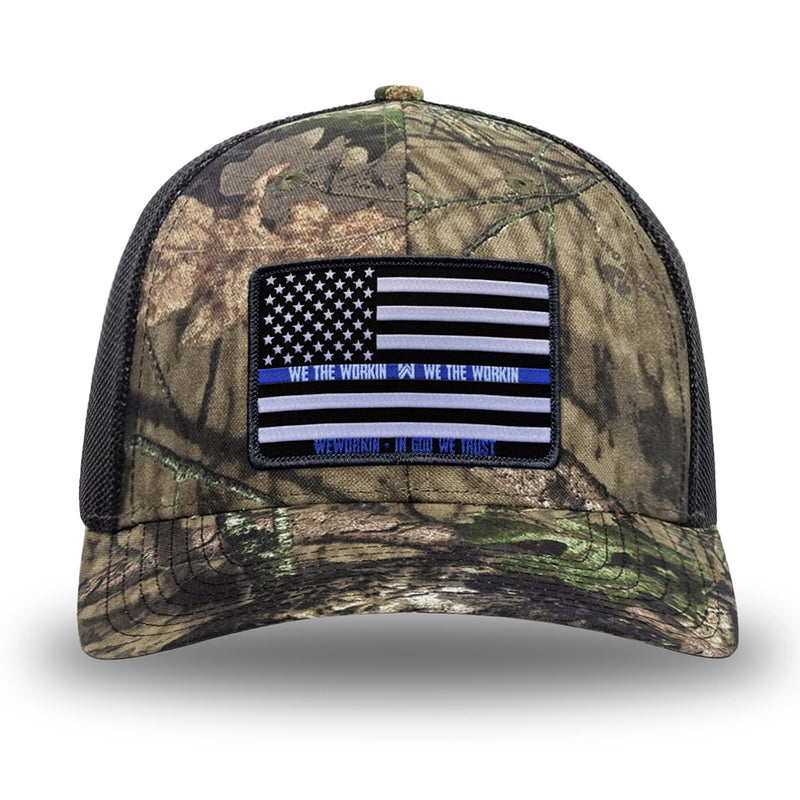 Mossy Oak/Country DNA/Black WeWorkin hat—Richardson 112 brand snapback, retro trucker classic hat style. LEO FLAG woven patch with black merrowed edge is centered on the front panels.