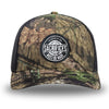 Mossy Oak/Country DNA/Black WeWorkin hat—Richardson 112 brand snapback, retro trucker classic hat style. WeWorkin "SACRIFICES Must Be Made" circular woven patch, with black/white thread colors and black merrowed edge, is centered on the front panels.