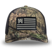 Mossy Oak/Country DNA/Black WeWorkin hat—Richardson 112 brand snapback, retro trucker classic hat style. WE WORKIN FLAG woven patch with black merrowed edge is centered on the front panels.