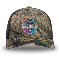 Mossy Oak/Country DNA/Black WeWorkin hat—Richardson 112 brand snapback, retro trucker classic hat style. WE WORKIN custom GET HARD patch made of thermoplastic, lightweight, durable material is centered on the front panels.