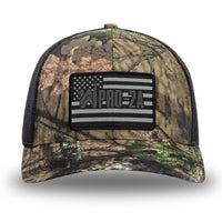 Mossy Oak/Country DNA/Black WeWorkin hat—Richardson 112 brand snapback, retro trucker classic hat style. PRO-2A woven patch with black merrowed edge is centered on the front panels.