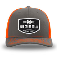 Neon/Safety Orange and Charcoal Grey two-tone WeWorkin hat—Richardson 112 brand snapback, retro trucker classic hat style. WeWorkin "Blue Collar Dollar" curved-bottom woven patch is centered on the front panels.