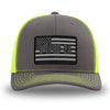 Neon/Safety Yellow and Charcoal Grey two-tone WeWorkin hat—Richardson 112 brand snapback, retro trucker classic hat style. PRO-2A woven patch with black merrowed edge is centered on the front panels.
