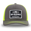 Neon/Safety Yellow and Charcoal Grey two-tone WeWorkin hat—Richardson 112 brand snapback, retro trucker classic hat style. WeWorkin "Blue Collar Dollar" rectangular woven patch is centered on the front panels.