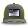 Neon/Safety Yellow and Charcoal Grey two-tone WeWorkin hat—Richardson 112 brand snapback, retro trucker classic hat style. WeWorkin "American Flag" rectangular patch is centered on the front panels.