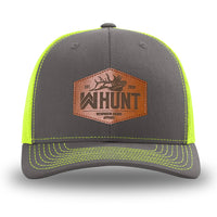 Neon/Safety Yellow and Charcoal Grey two-tone WeWorkin hat—Richardson 112 brand snapback, retro trucker classic hat style. WeWorkin "WW HUNT" etched leather patch with stitched border is centered on the front panels.
