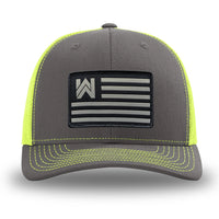 Neon/Safety Yellow and Charcoal Grey two-tone WeWorkin hat—Richardson 112 brand snapback, retro trucker classic hat style. We Workin Flag rectangular patch is centered on the front panels.
