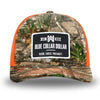 Neon Orange and RealTree Camo two-tone WeWorkin hat—Richardson 112 brand snapback, retro trucker classic hat style.   WeWorkin "Blue Collar Dollar" rectangular woven patch is centered on the front panels.