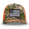 Neon Orange and RealTree Camo two-tone WeWorkin hat—Richardson 112 brand snapback, retro trucker classic hat style. WeWorkin "American Flag" rectangular patch is centered on the front panels.