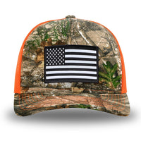 Neon Orange and RealTree Camo two-tone WeWorkin hat—Richardson 112 brand snapback, retro trucker classic hat style. WeWorkin "American Flag" rectangular patch is centered on the front panels.