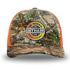 Neon Orange and RealTree Camo two-tone WeWorkin hat—Richardson 112 brand snapback, retro trucker classic hat style. WE WORKIN custom GET HARD patch made of thermoplastic, lightweight, durable material is centered on the front panels in orange to yellow fade and black colors.