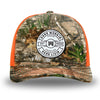Neon Orange and RealTree Camo two-tone WeWorkin hat—Richardson 112 brand snapback, retro trucker classic hat style. WeWorkin "Hard Workin. Hard Livin. Proud American." circular PVC patch is centered on the front panels.