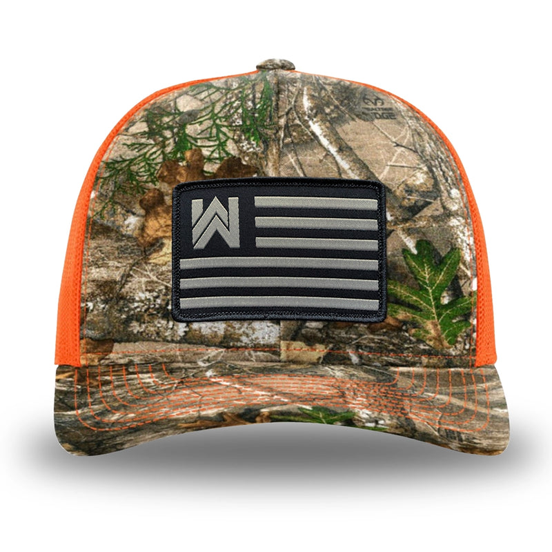Neon Orange and RealTree Camo two-tone WeWorkin hat—Richardson 112 brand snapback, retro trucker classic hat style. We Workin Flag rectangular patch is centered on the front panels.