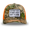 Neon Orange and RealTree Camo two-tone WeWorkin hat—Richardson 112 brand snapback, retro trucker classic hat style. WeWorkin "Everybody Want$ the Money, Nobody Wants the WORK." [white bkgd] rectangular woven patch is centered on the front panels.