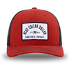 Red and Black WeWorkin hat—Richardson 112 brand snapback, retro trucker classic hat style. BLUE COLLAR DOLLAR ARCH (BCD-ARCH) woven patch with black merrowed edge, on a white background with black text, is centered on the front panels.