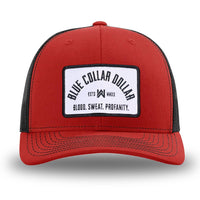 Red and Black WeWorkin hat—Richardson 112 brand snapback, retro trucker classic hat style. BLUE COLLAR DOLLAR ARCH (BCD-ARCH) woven patch with black merrowed edge, on a white background with black text, is centered on the front panels.
