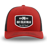 Red/Black WeWorkin hat—Richardson 112 brand snapback, retro trucker classic hat style. WeWorkin "Blue Collar Dollar" curve-bottom patch is centered large on the front panels.