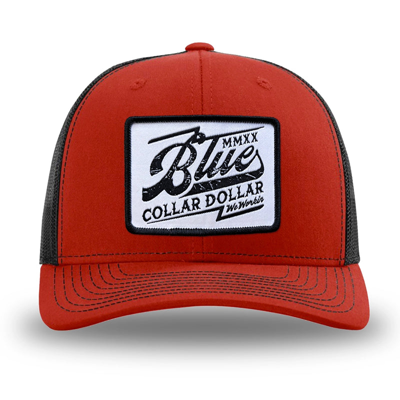 Red and Black WeWorkin hat—Richardson 112 brand snapback, retro trucker classic hat style. BLUE COLLAR DOLLAR VINTAGE (BCD-V) woven patch with black merrowed edge, on a white background with black, distressed text/design, centered on the front panels.