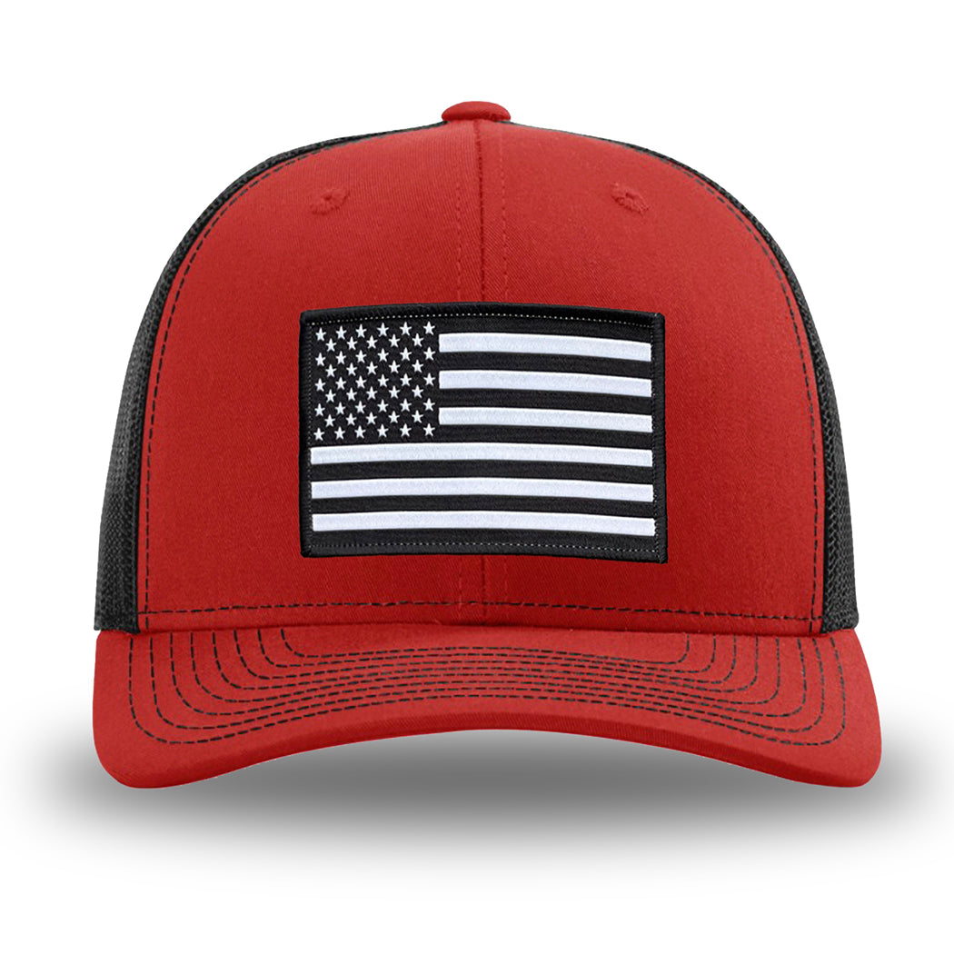 Red and Black WeWorkin hat—Richardson 112 brand snapback, retro trucker classic hat style. AMERICAN FLAG woven patch with black merrowed edge is centered on the front panels.
