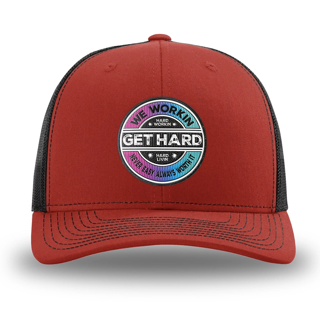 Red and Black WeWorkin hat—Richardson 112 brand snapback, retro trucker classic hat style. WE WORKIN custom GET HARD patch made of thermoplastic, lightweight, durable material is centered on the front panels.