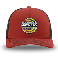 Red and Black WeWorkin hat—Richardson 112 brand snapback, retro trucker classic hat style. WE WORKIN custom GET HARD patch made of thermoplastic, lightweight, durable material is centered on the front panels in orange to yellow fade and black colors.