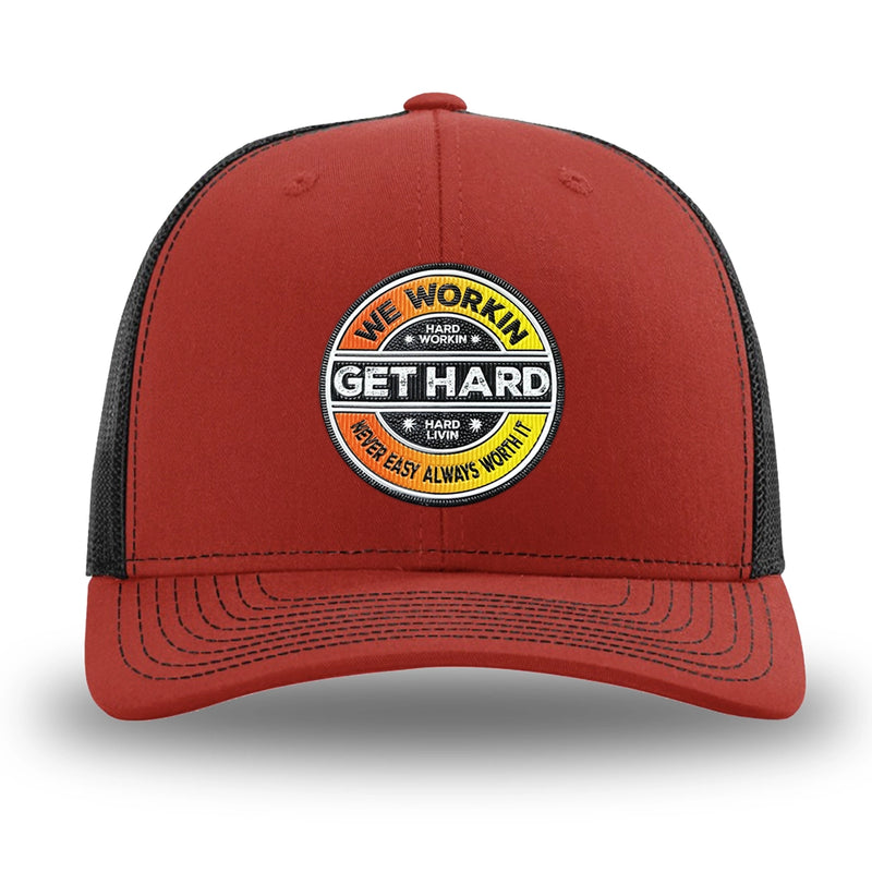 Red and Black WeWorkin hat—Richardson 112 brand snapback, retro trucker classic hat style. WE WORKIN custom GET HARD patch made of thermoplastic, lightweight, durable material is centered on the front panels in orange to yellow fade and black colors.