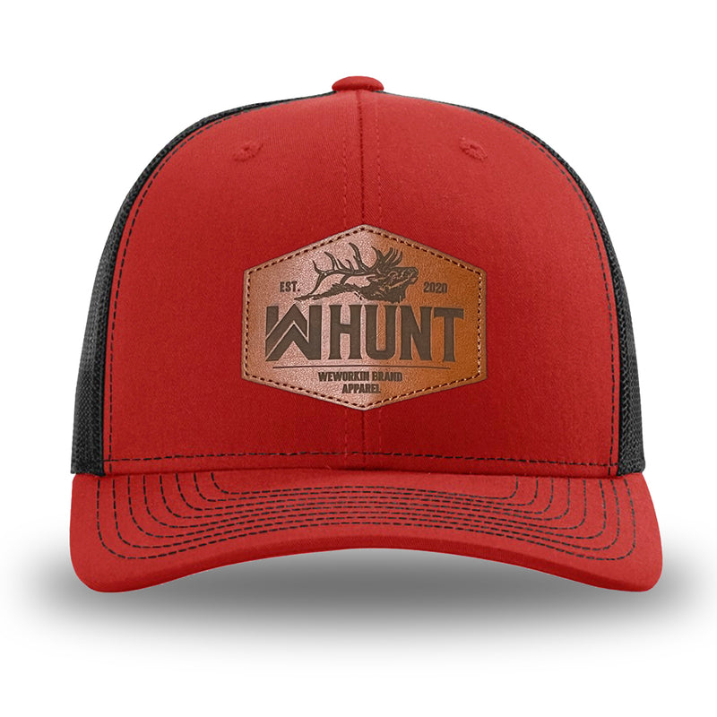 Red/Black WeWorkin hat—Richardson 112 brand snapback, retro trucker classic hat style. WeWorkin "WW HUNT" etched leather patch with stitched border is centered on the front panels.