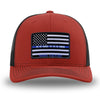Red and Black WeWorkin hat—Richardson 112 brand snapback, retro trucker classic hat style. LEO FLAG woven patch with black merrowed edge is centered on the front panels.