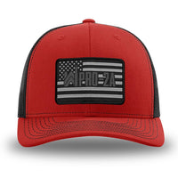 Red and Black WeWorkin hat—Richardson 112 brand snapback, retro trucker classic hat style. PRO-2A woven patch with black merrowed edge is centered on the front panels.