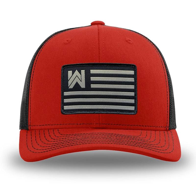 Red and Black WeWorkin hat—Richardson 112 brand snapback, retro trucker classic hat style. WE WORKIN FLAG woven patch with black merrowed edge is centered on the front panels.