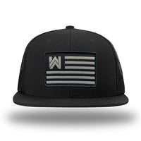 Solid Black WeWorkin hat—Richardson 511 brand snapback, flatbill trucker hat style. WE WORKIN FLAG woven patch with black merrowed edge is centered on the front panels.