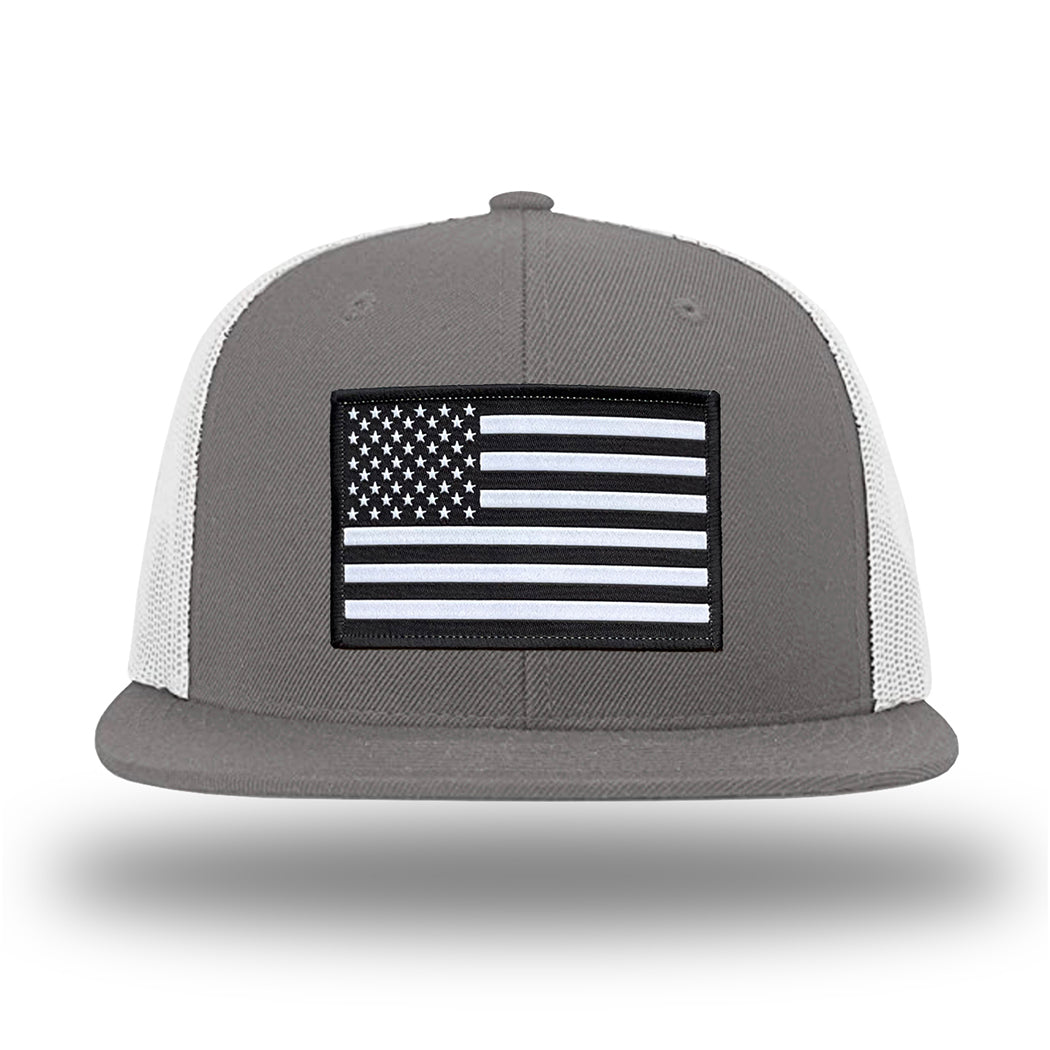 Charcoal/White WeWorkin hat—Richardson 511 brand snapback, flatbill trucker hat style. AMERICAN FLAG woven patch with black merrowed edge is centered on the front panels.