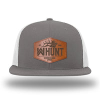 Charcoal/White WeWorkin hat—Richardson 511 brand snapback, flatbill trucker hat style. WeWorkin "WW HUNT" etched leather patch with stitched border is centered on the front panels.